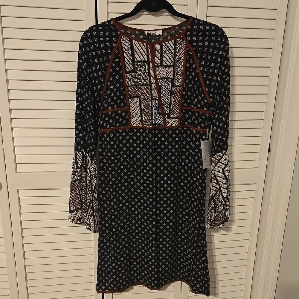 THML Patchwork Boho Dress | Bell Sleeve | NWT | Size S - Picture 2 of 5